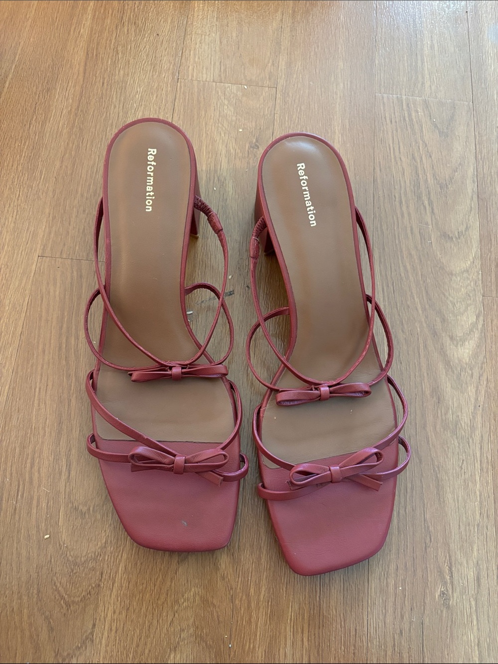 Reformation Mauve Pink Strappy Bow Heeled Sandals